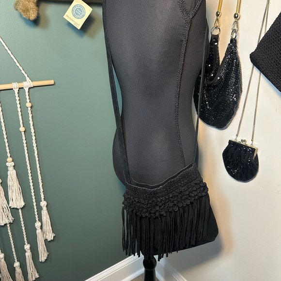 World Market Black Suede Fringe Crossbody Bag Boho Festival Western - Picture 2 of 6